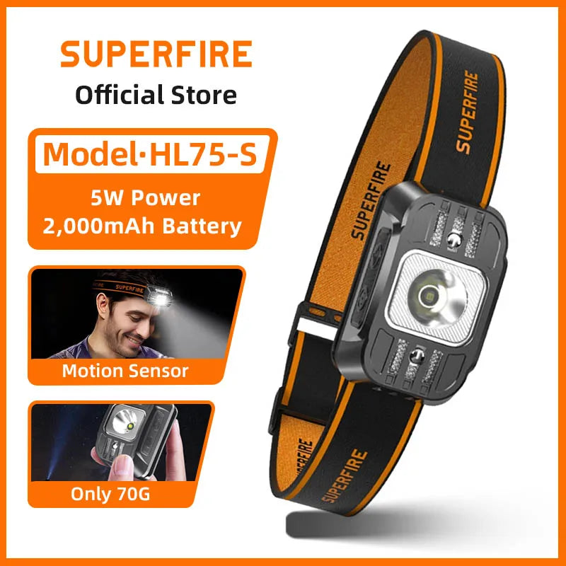 SUPERFIRE HL75 Mini LED Rechargeable Headlamp High power led flashlight USB C Sensor Headlight Portable For Working Fishing lamp